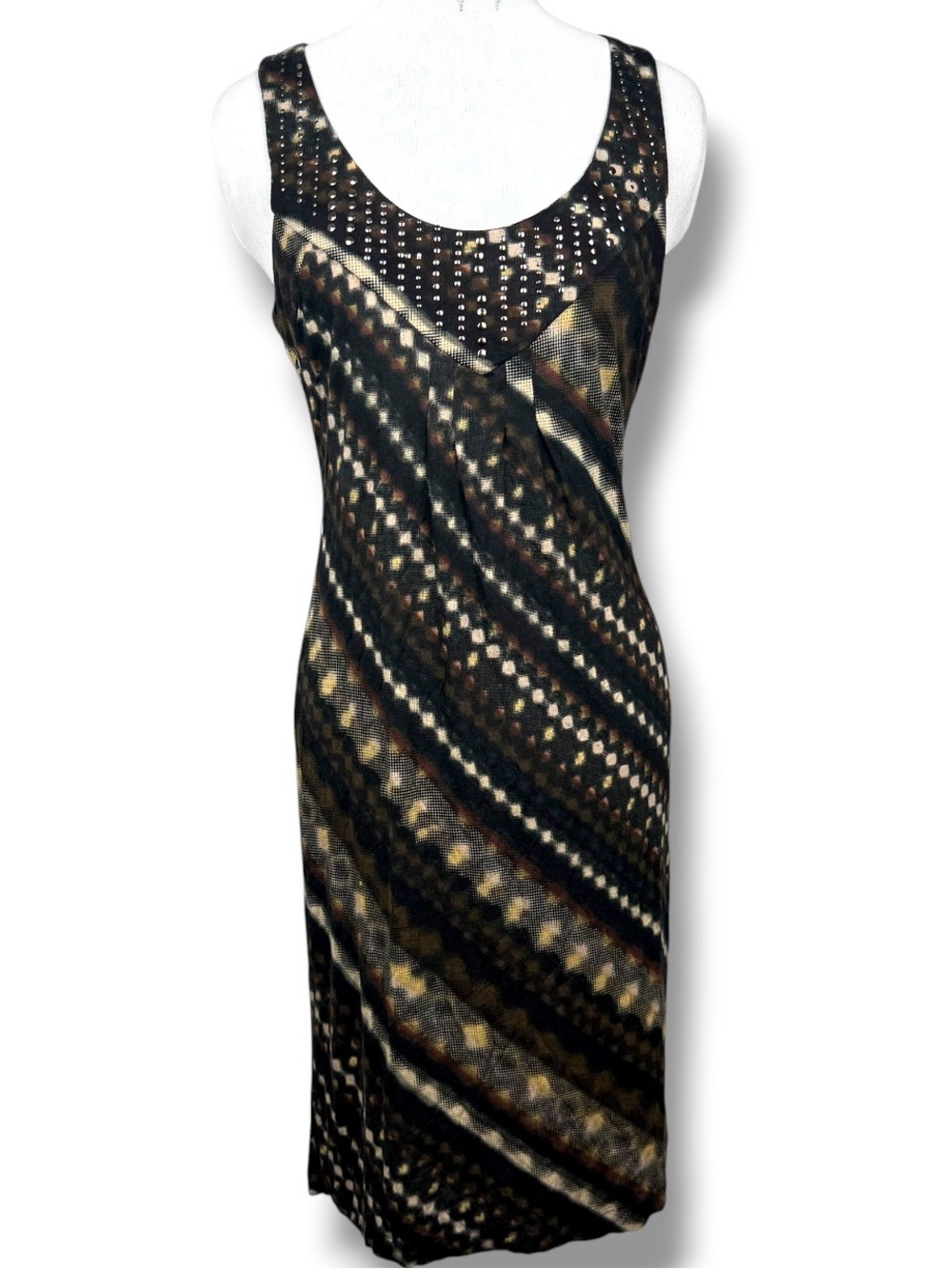 ANA Sleeveless Abstract Print Midi Dress Brown Black Stretch Size M